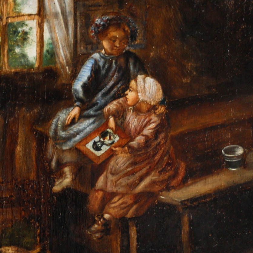 Framed Mid 19th Century Oil Two Children In An Interior photo Art