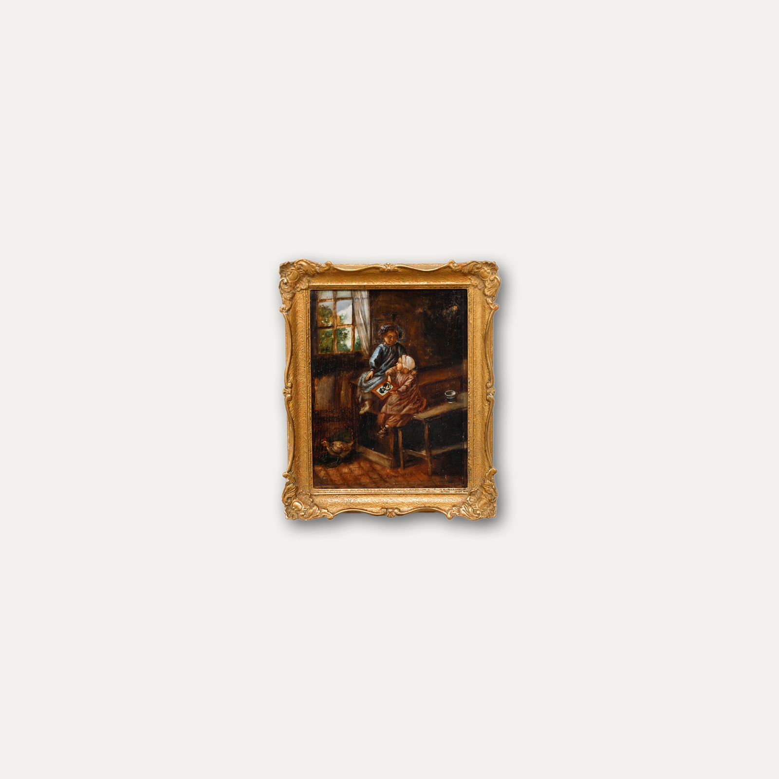 Framed Mid 19th Century Oil Two Children In An Interior photo vinterior
