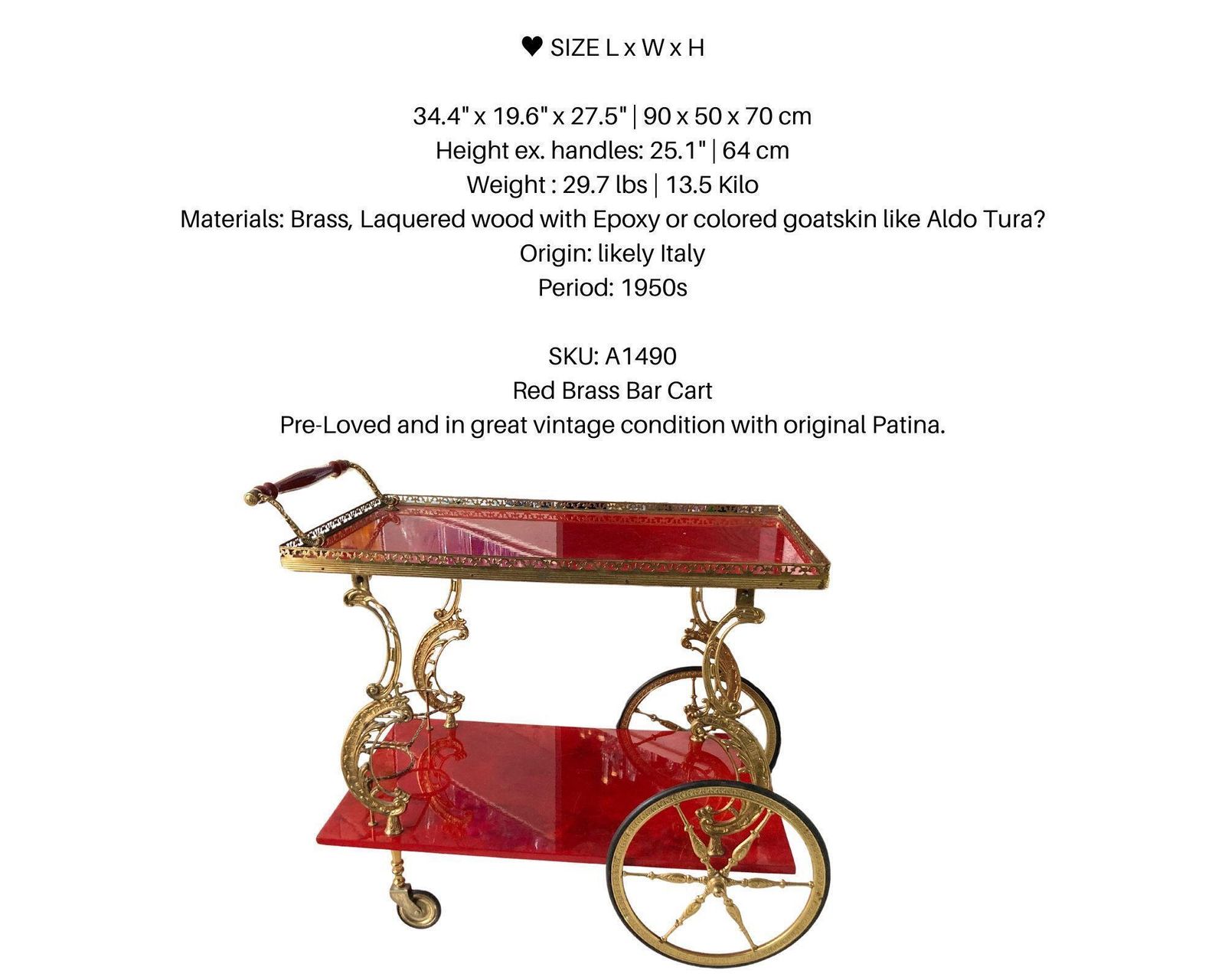 Messing Barwagen | Rood Gelakt Hout | Rococo Stijl Jaren 1950 photo 2962.0