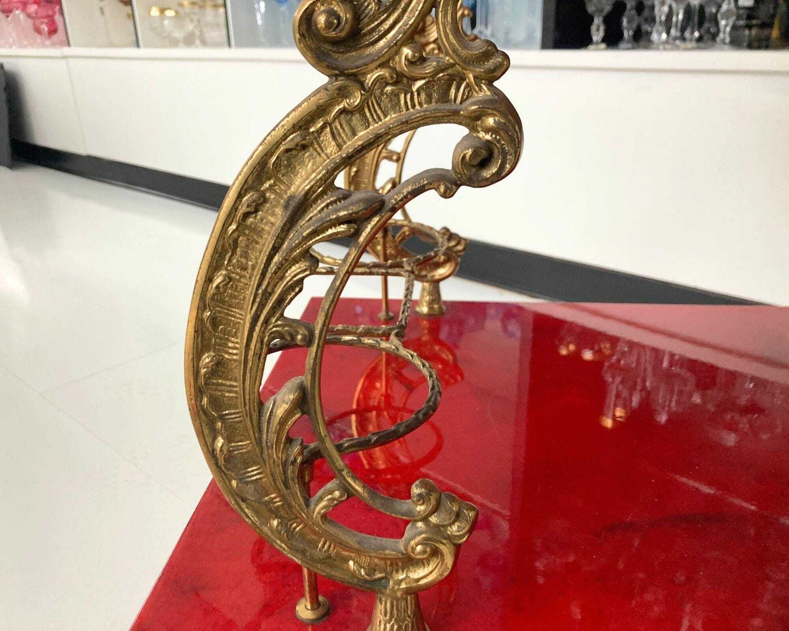 photo for sale Brass Bar Cart | Red Lacquered Wood | Rococo Style 1950s