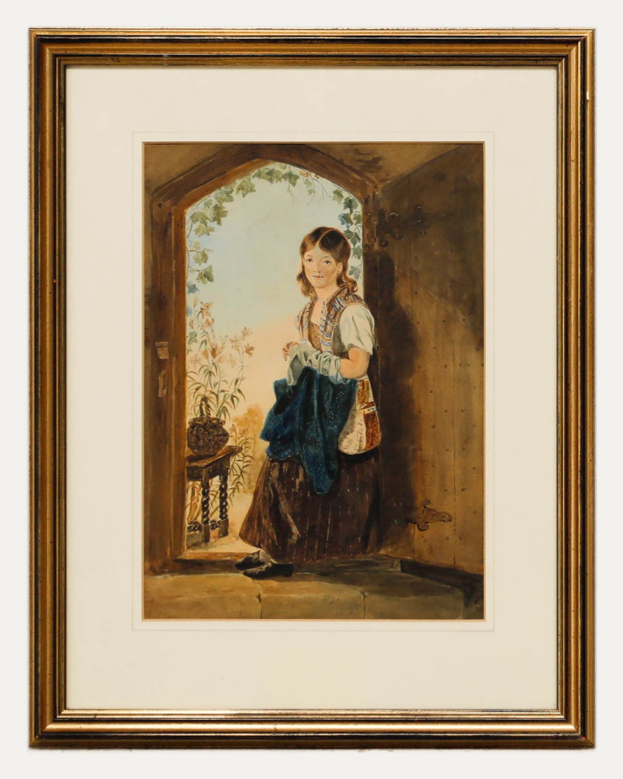 English School 19th Century Watercolour Girl In The Doorway