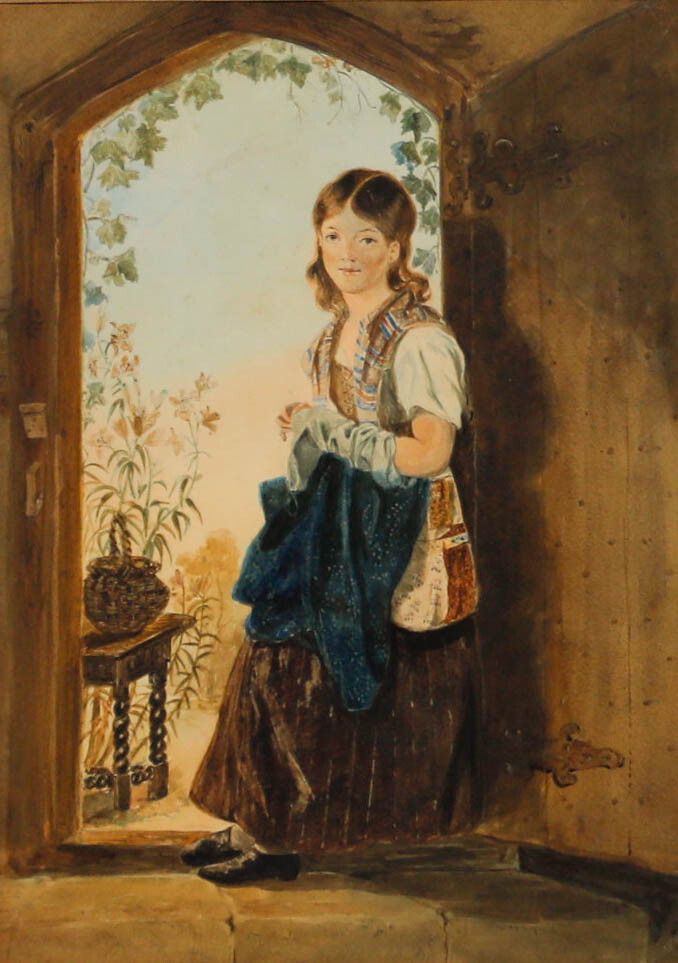 English School 19th Century Watercolour Girl In The Doorway photo furniture
