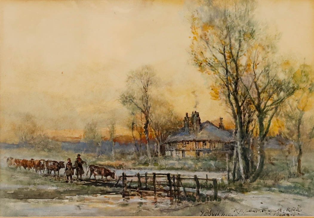 Robert William Arthur Rouse (1867 1951) Watercolour, Driving Cattle At Sunset photo furniture