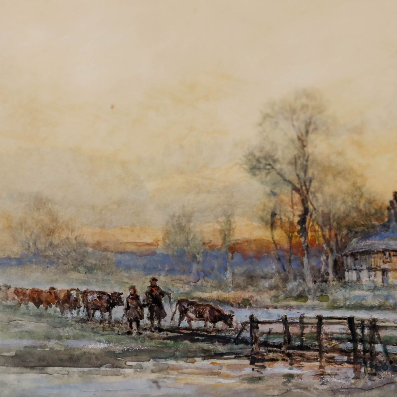 Robert William Arthur Rouse (1867 1951) Watercolour, Driving Cattle At Sunset photo Art
