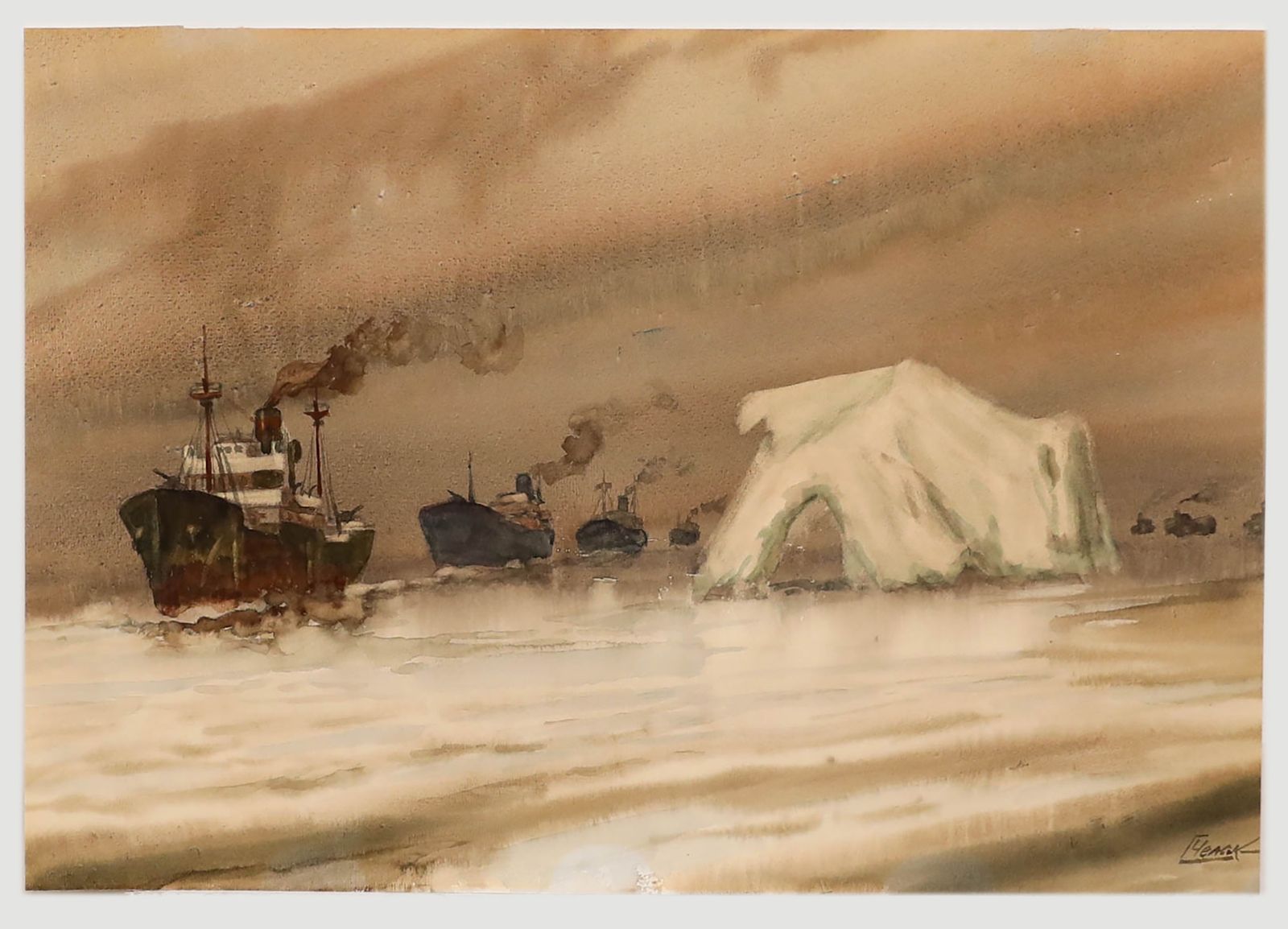 Georgy Chelak (B.1914) 20th Century Watercolour, Convoy Off Greenland photo furniture