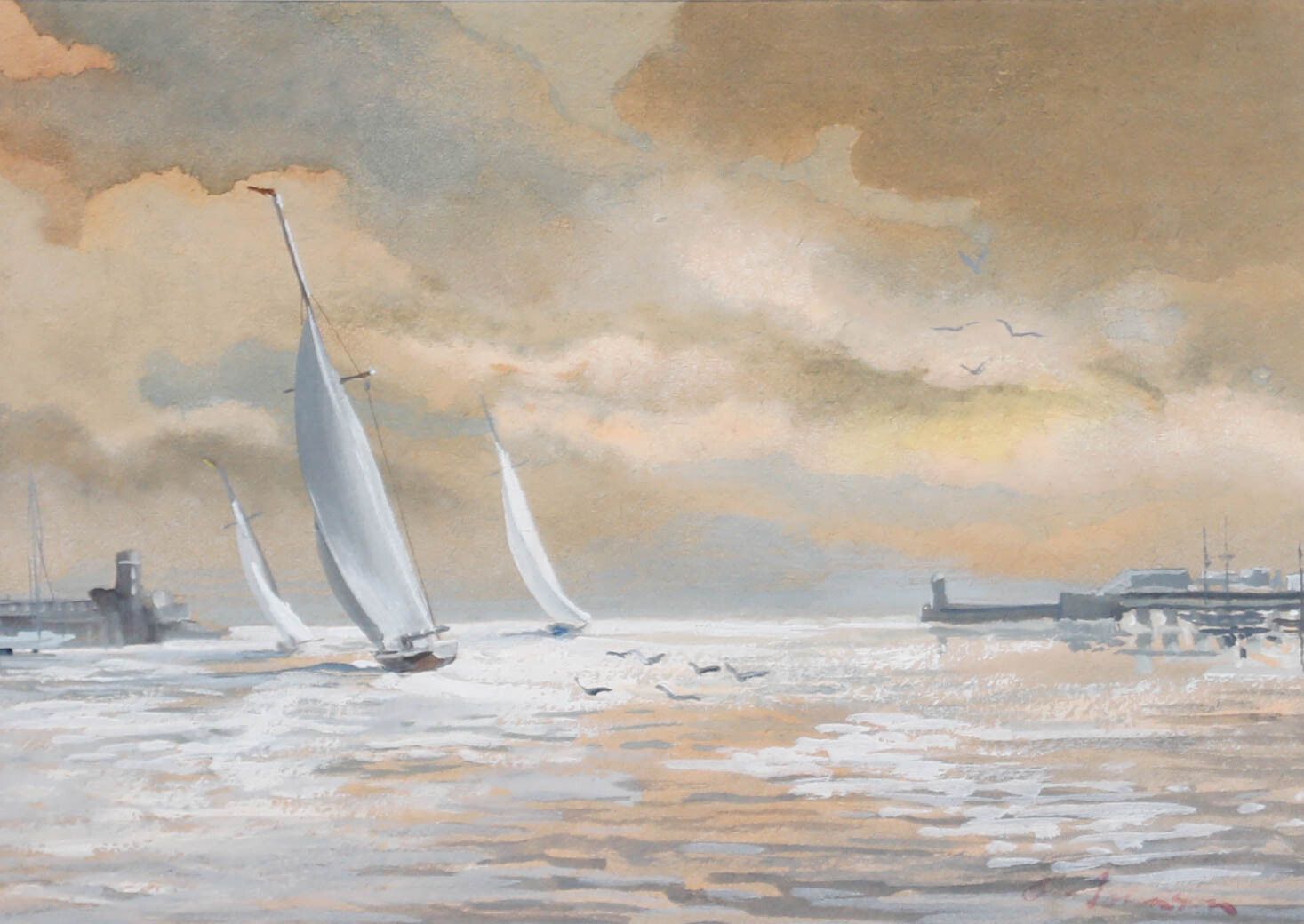 Framed Mid 20th Century Watercolour White Sailing Boats photo furniture