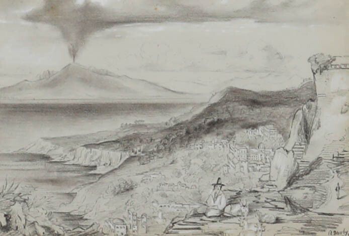 N. Darby  Framed 19th Century Graphite Drawing, Volcanic Landscape With Shepherd photo furniture