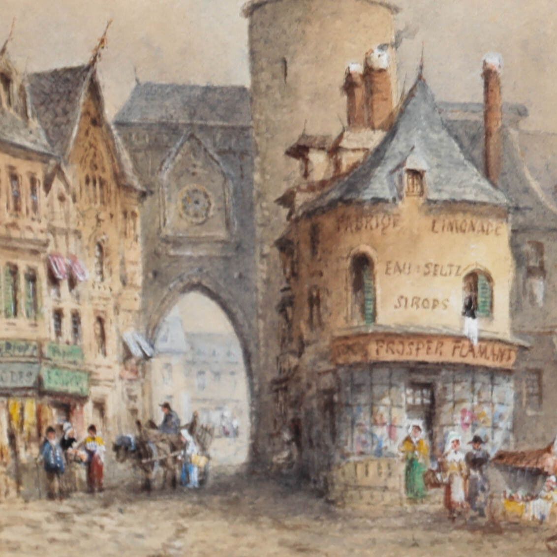 J.B Framed 19th Century Watercolour, A Busy Street In Belgium photo Art