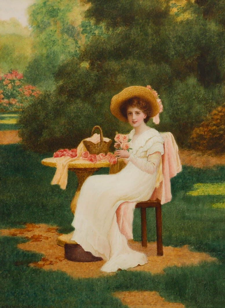 Herbert Blande Sparks (1870 1916)  Watercolour, Portrait Of Lady With Pink Roses photo furniture