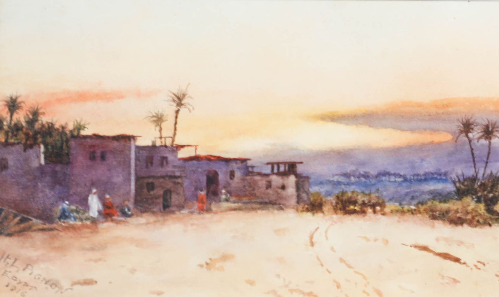H. L. Pignon Framed Early 20th Century Watercolour, Egyptian Village At Sunset photo furniture
