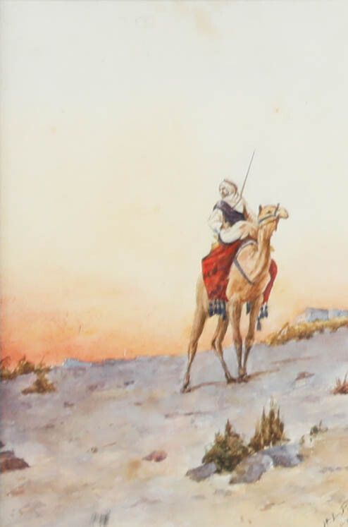 H. L. Pignon Framed Early 20th Century Watercolour, Camel Rider At Sunset photo furniture
