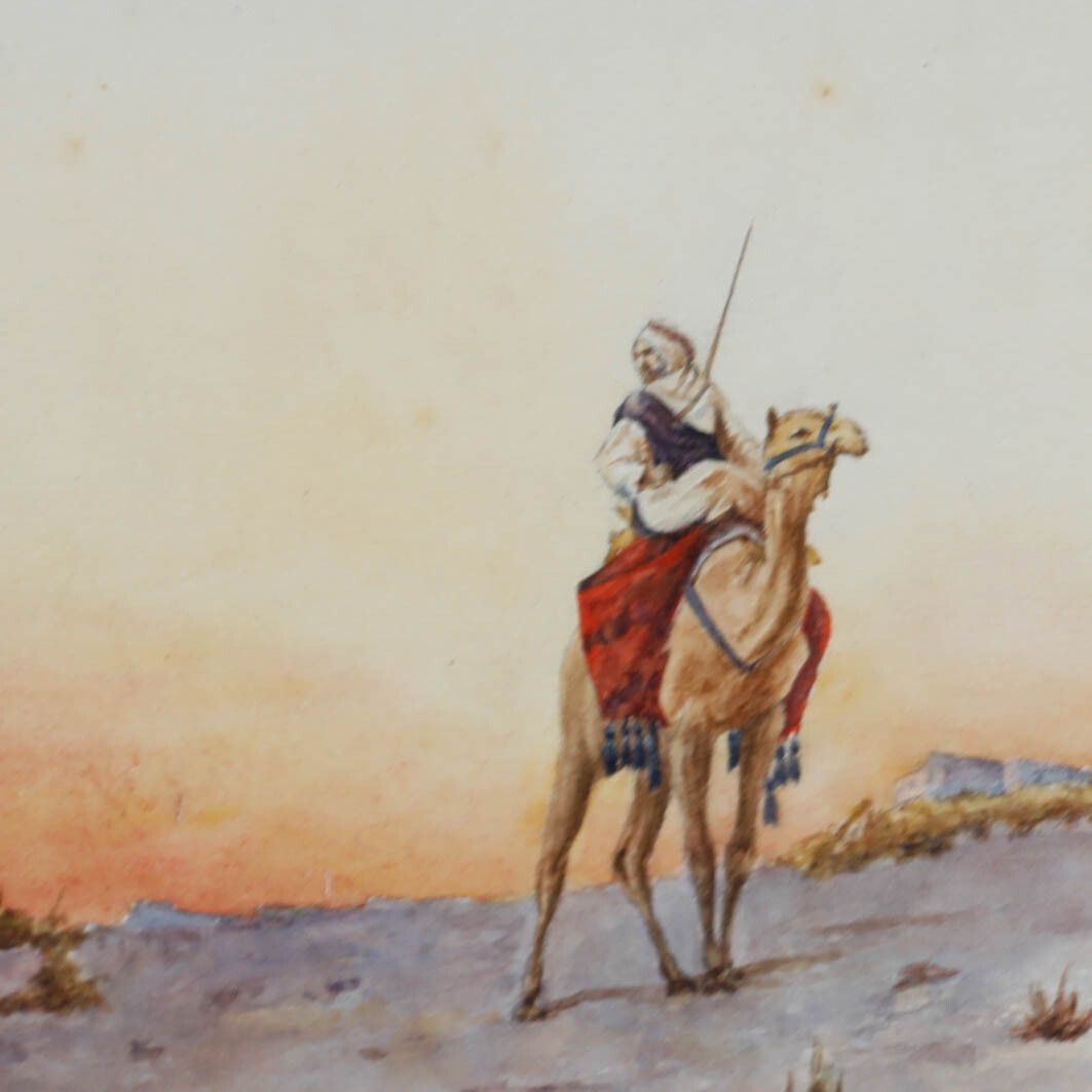 H. L. Pignon Framed Early 20th Century Watercolour, Camel Rider At Sunset photo Art