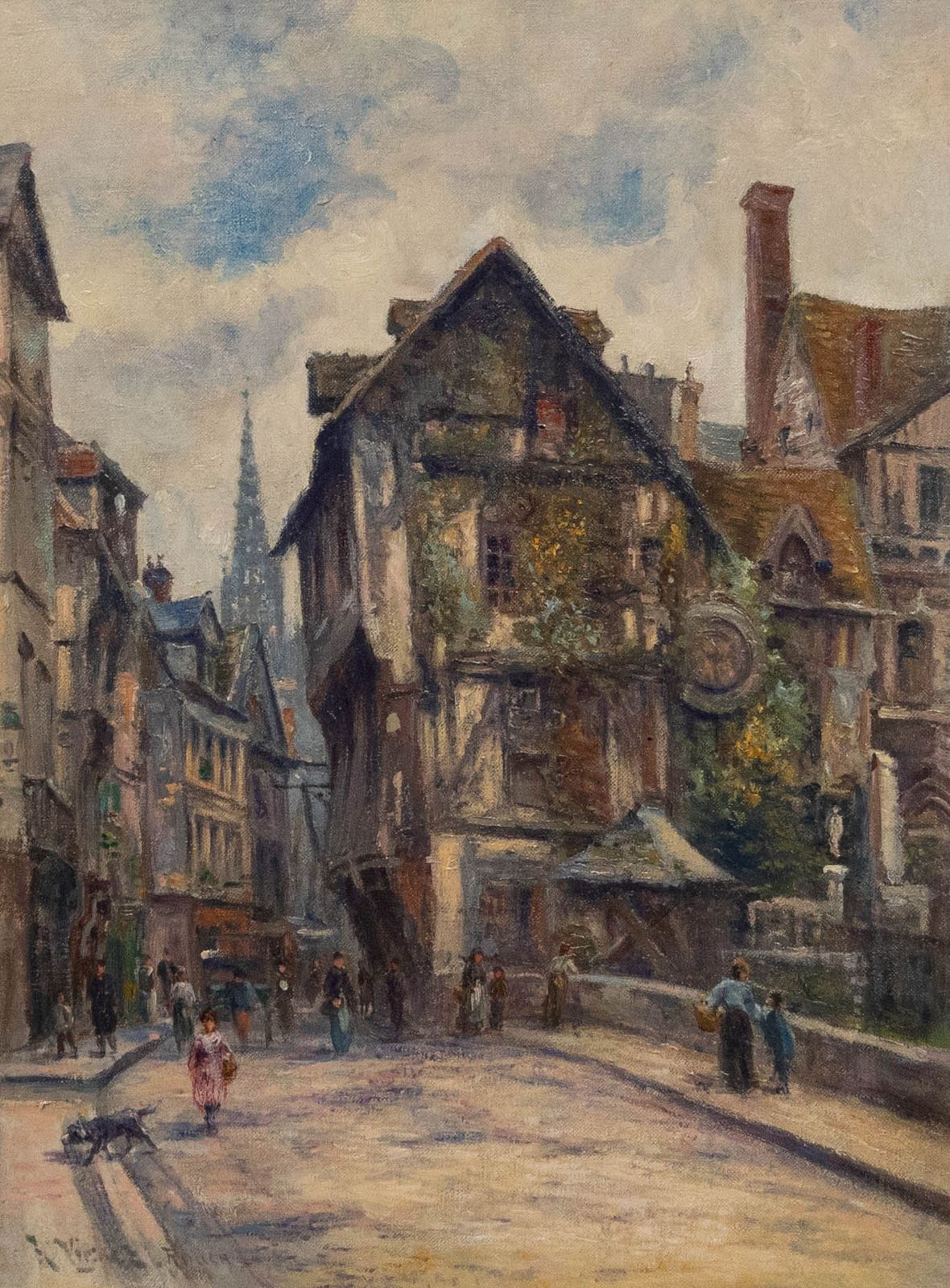 19th Century Oil La Rue Saint Rouen photo furniture