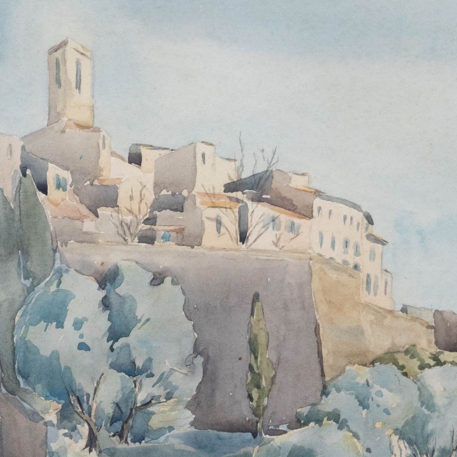 Framed 20th Century Watercolour French Walled Town photo Art