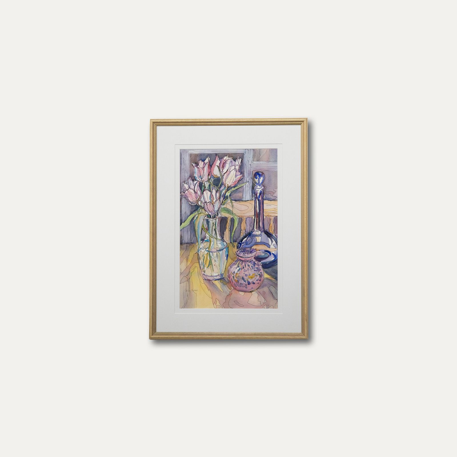 Lesley Fuller  Contemporary Watercolour, Tulips And Blue Vase photo buy