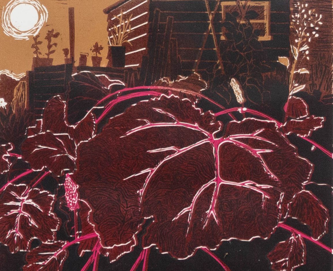 Helen Wakefield Framed Contemporary Linoprint, Stone Bridge  Rhubarb Patch I photo furniture