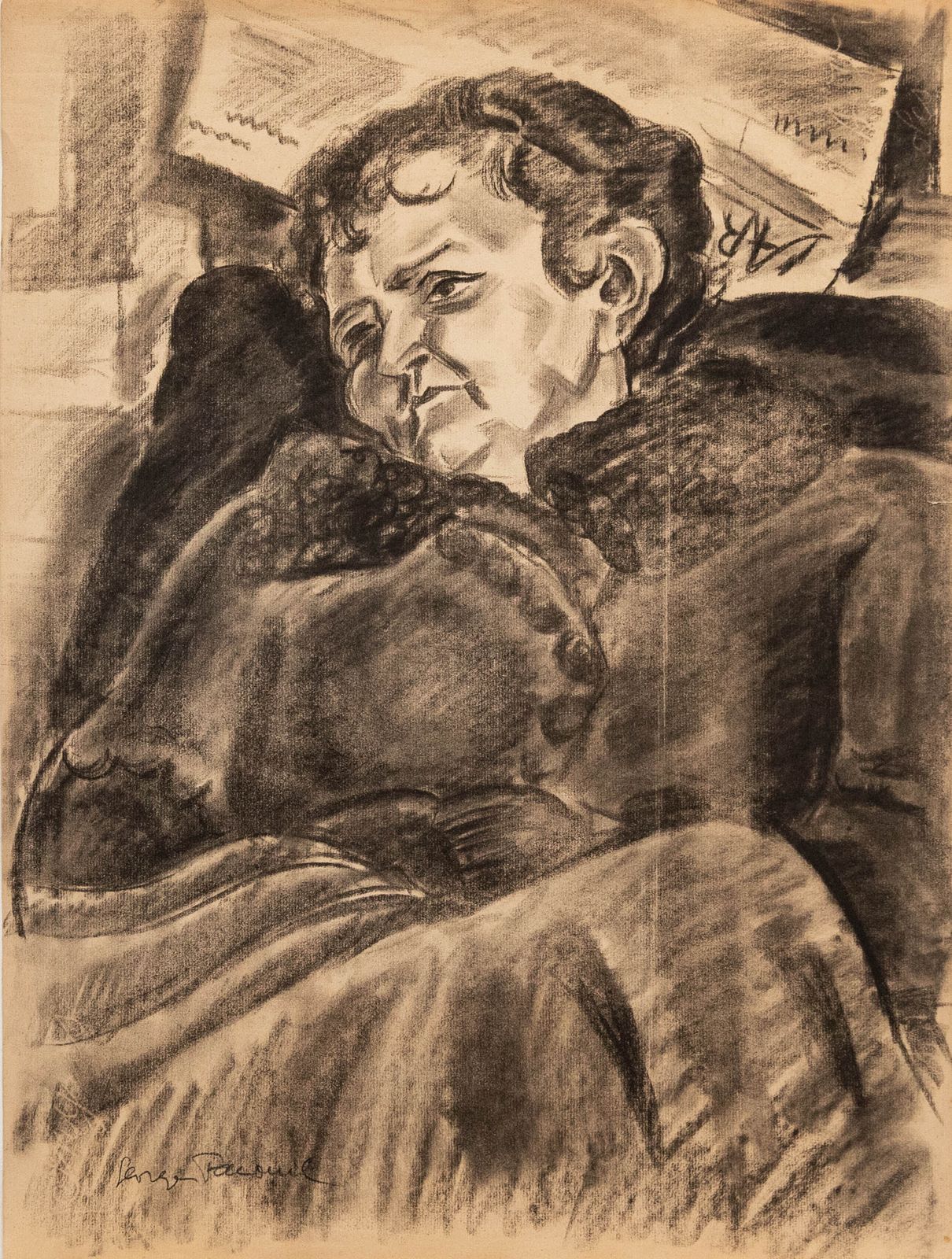 Georges Pacouil (1903 1996) Charcoal Drawing, Lady In The Winter Coat