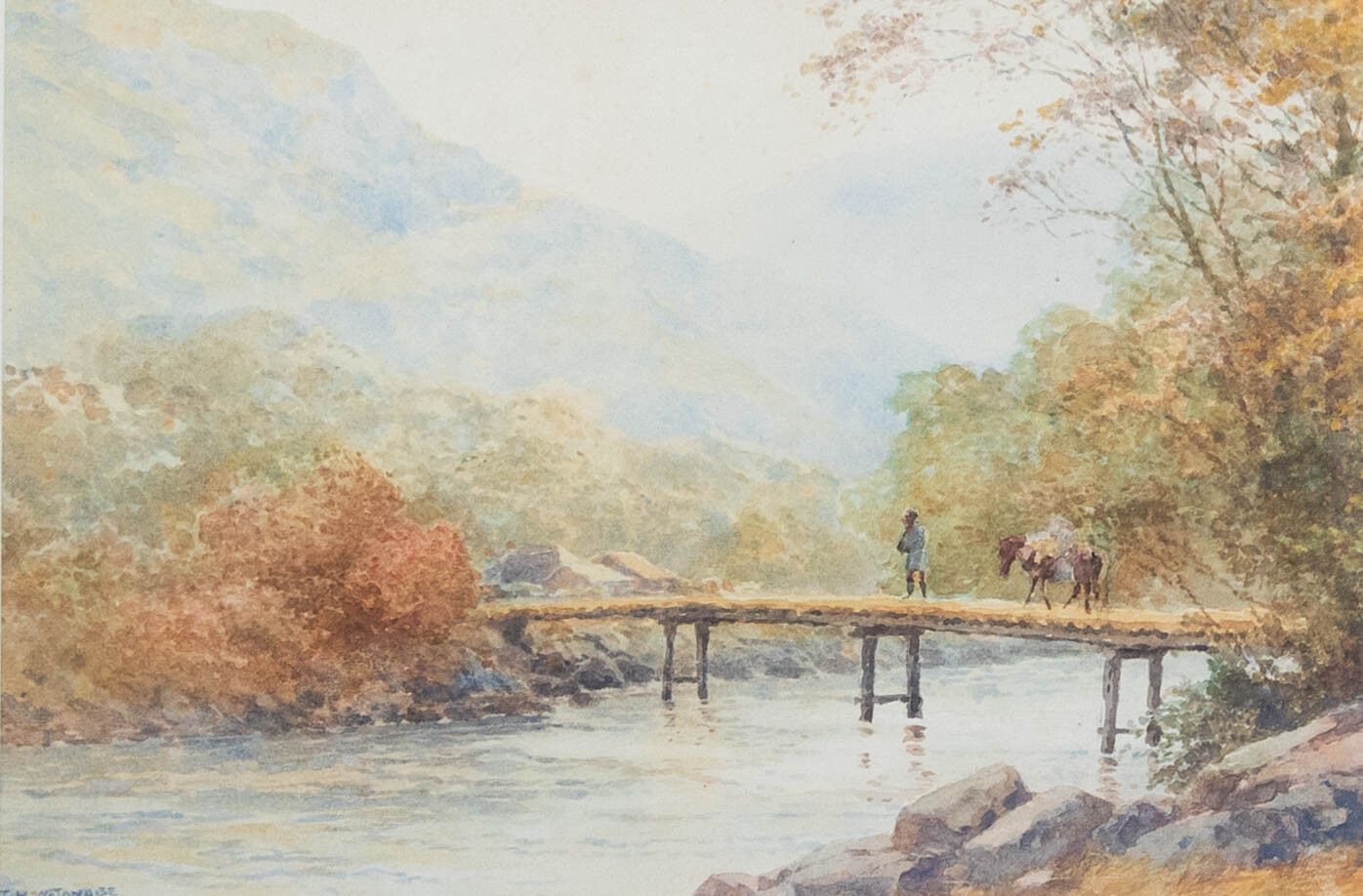 T. H. Watanabe Early 20th Century Watercolour, River Crossing Near Chucheng photo furniture
