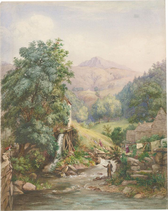 L. Drayton 19th Century Watercolour, Fishing Below The Village Mill photo furniture
