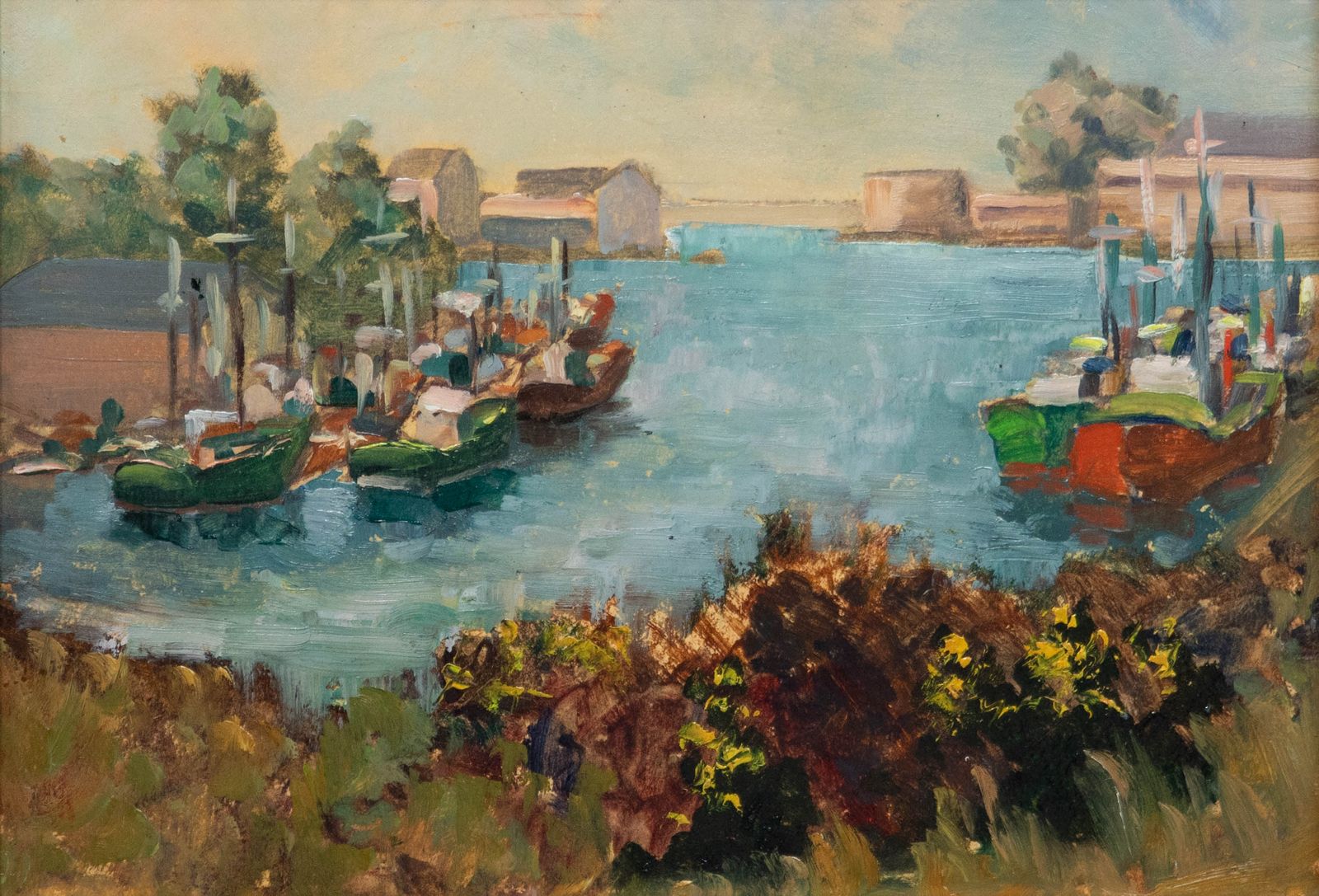 Charles Bernard French Mid 20th Century Oil, Quiet Boat Yard photo furniture