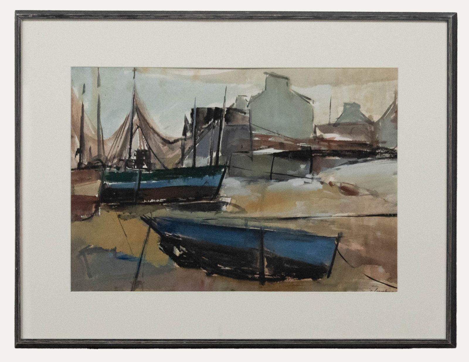 Framed 20th Century Watercolour Fishing Boats In A Harbour