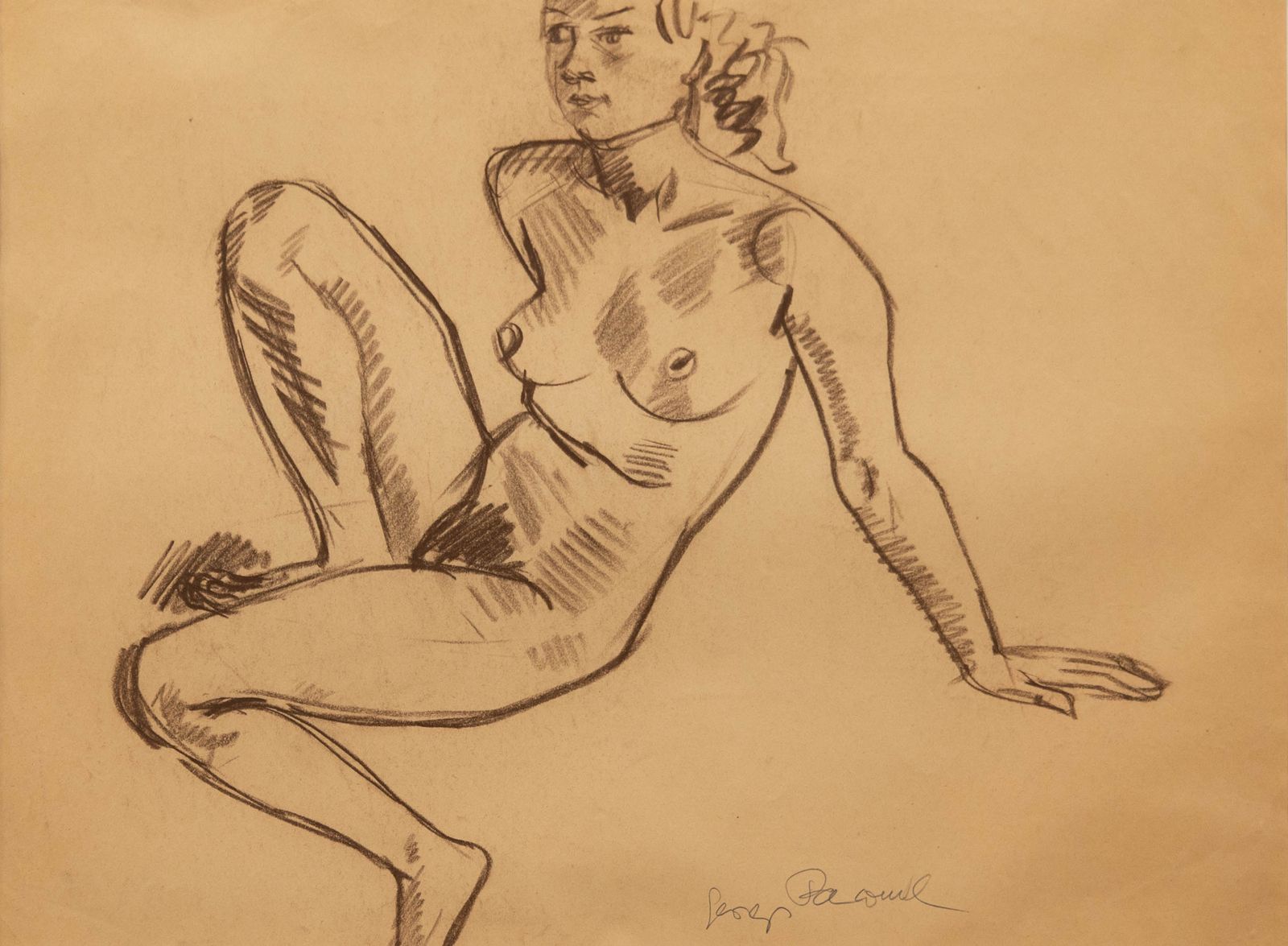 Georges Pacouil (1903 1996) Mid 20th Century Charcoal Drawing, Poised Nude photo furniture