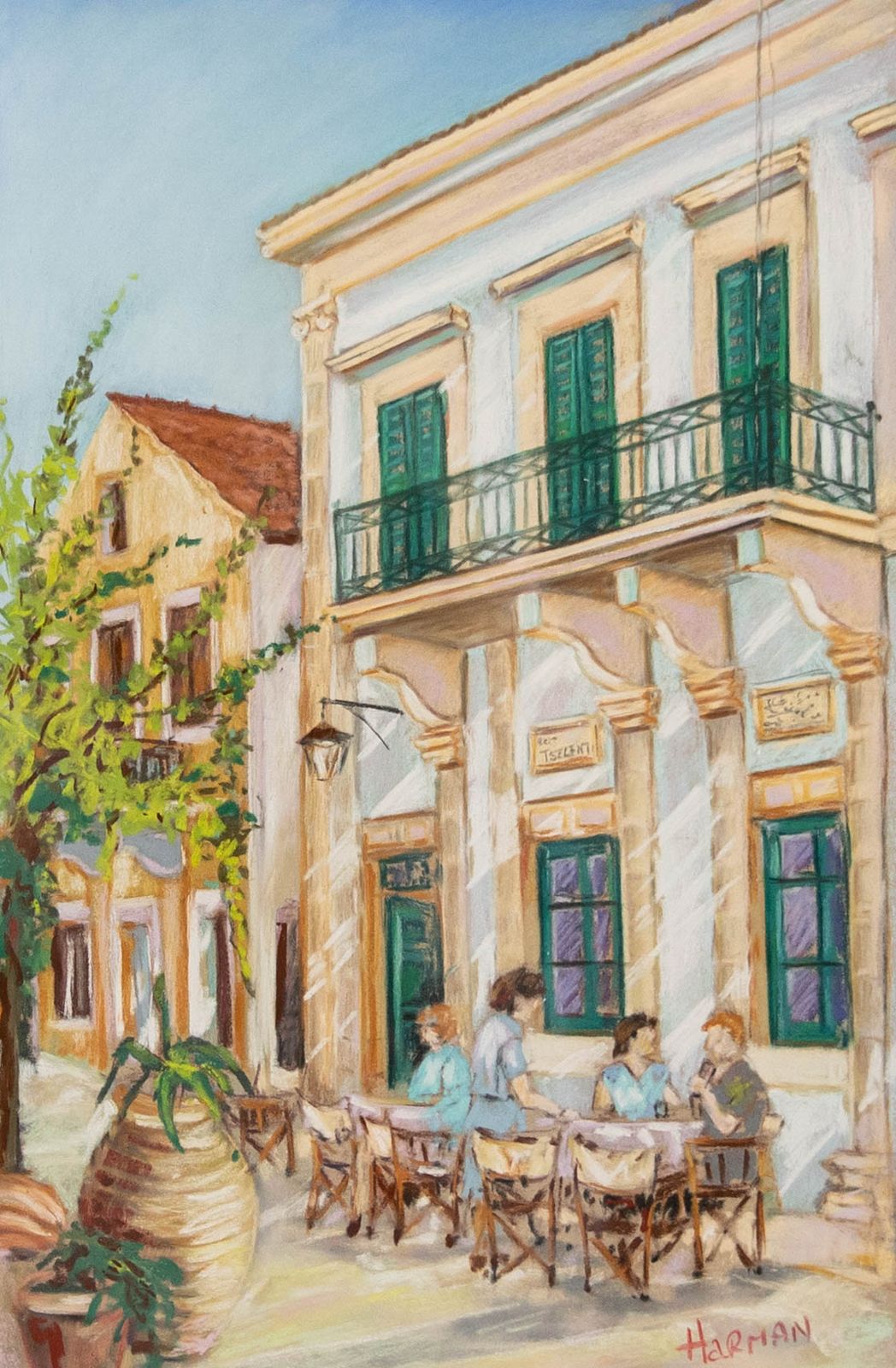 Christopher Stolworthy Framed 20th Century Pastel, Social At The Restaurant photo furniture