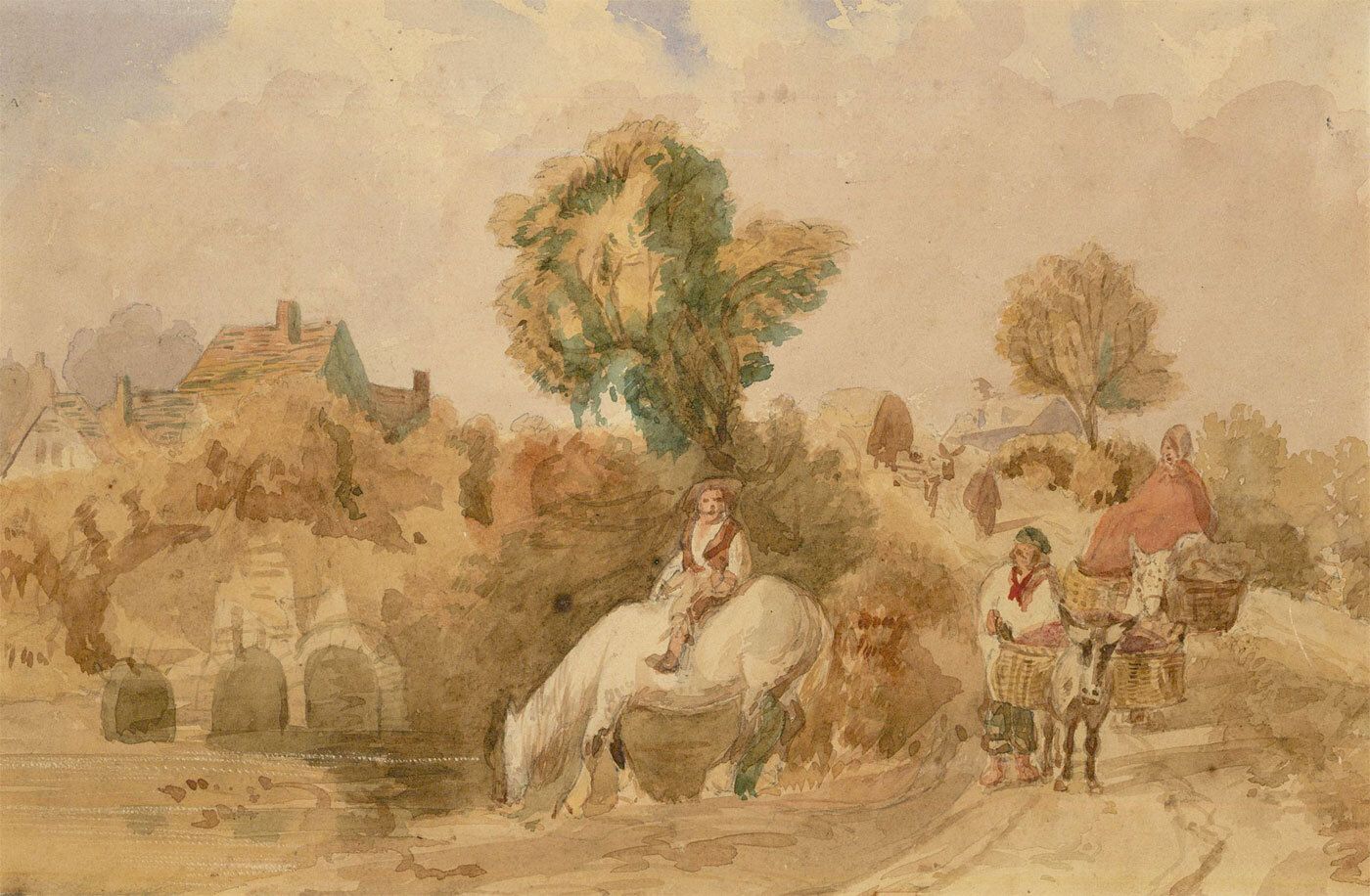 Framed 19th Century Watercolour River Landscape With Travelers photo furniture
