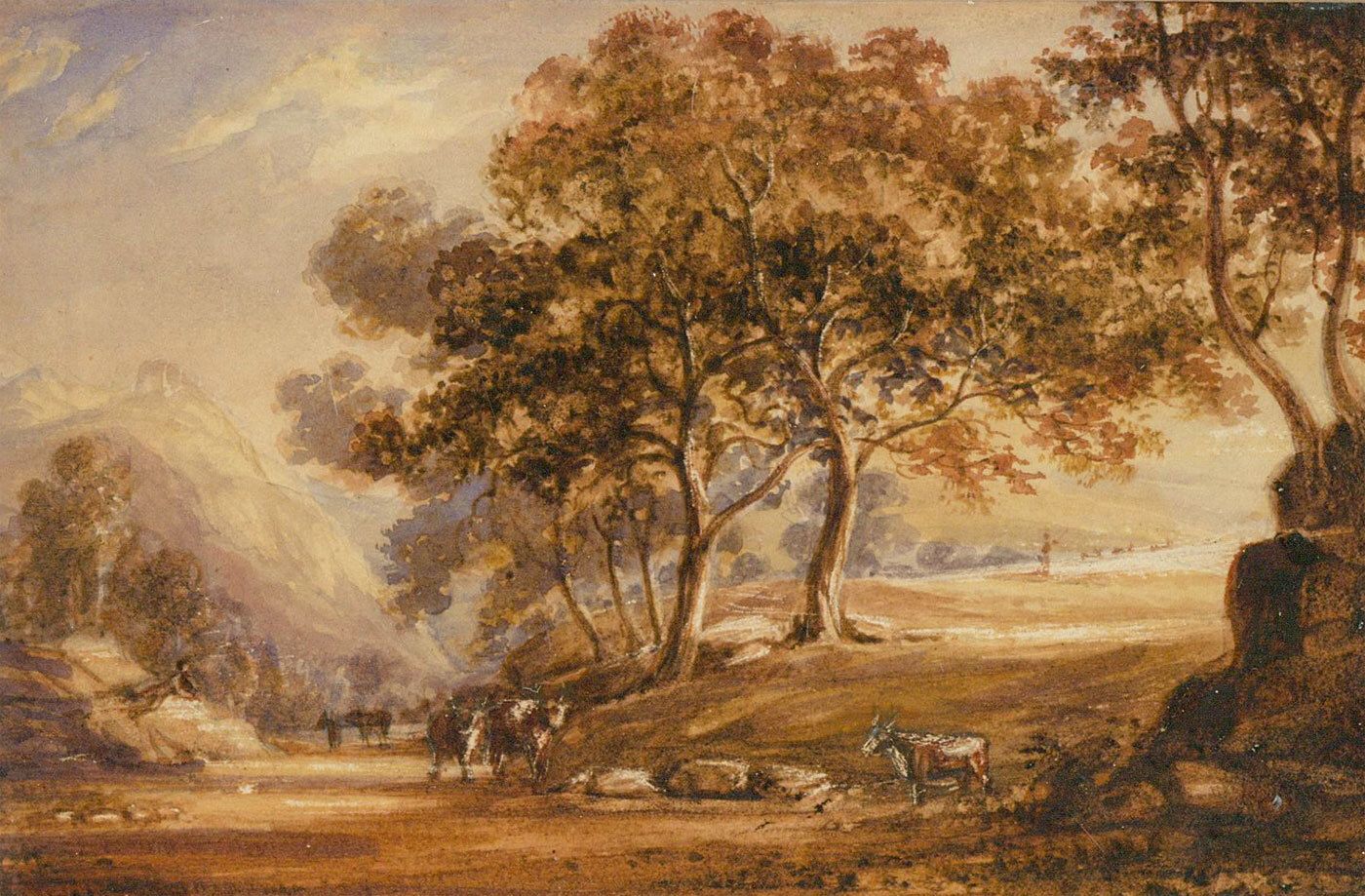 Framed 19th Century Watercolour Mountain Landscape With Cattle photo furniture