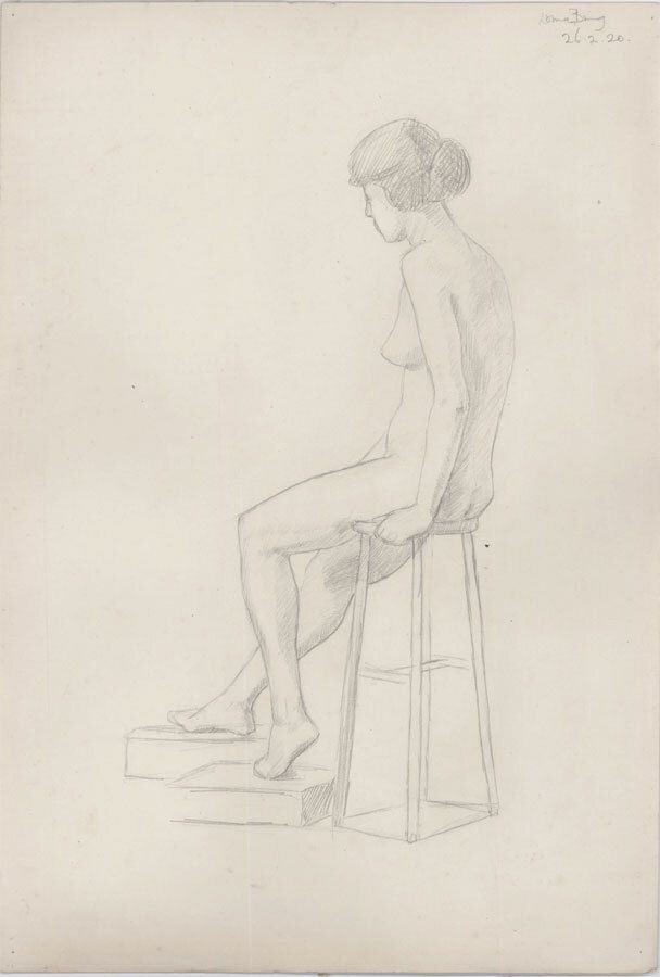Lorna Bing (1897 1993) 1920 Graphite Drawing, Female Nude On A Wooden Stool photo furniture