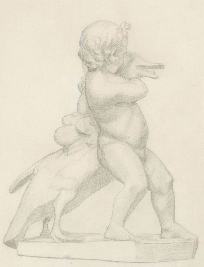 Lorna Bing (1897 1993) 1920 Graphite Drawing, Boy Playing With A Goose
