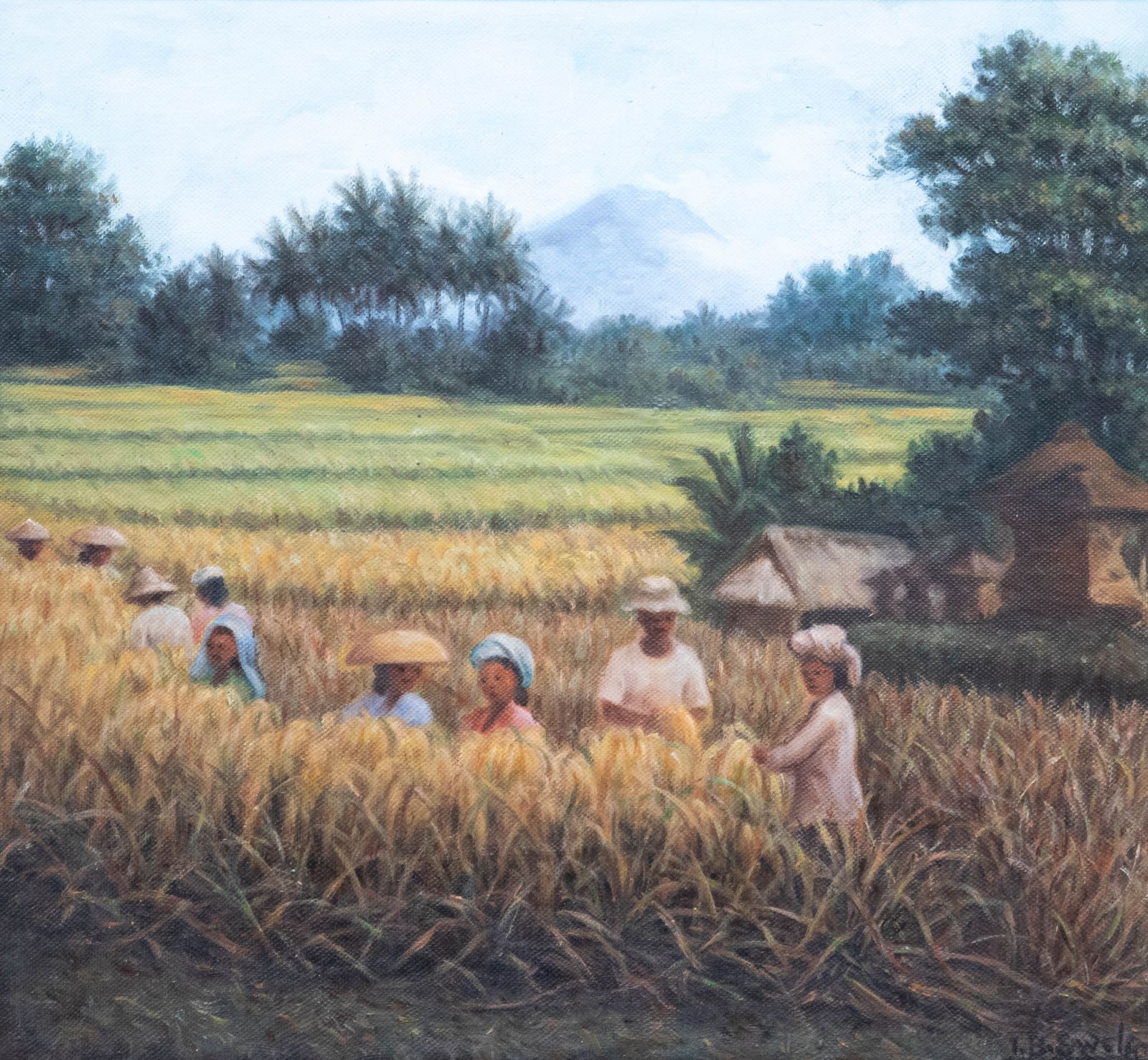 Ida Bagus Swela Framed 20th Century Oil, Working In The Field photo furniture