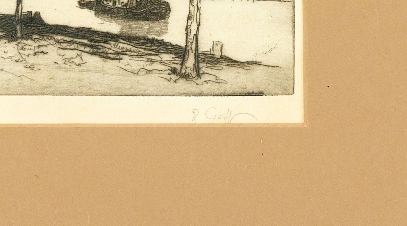 Robert Charles Goff (1837 1922) Framed Etching, Boats On A Dutch River photo furniture