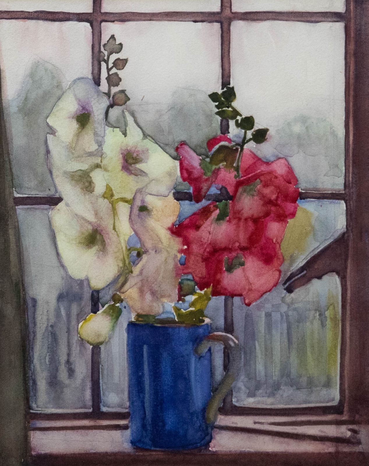 20th Century Watercolour Hollyhocks In The Window photo furniture
