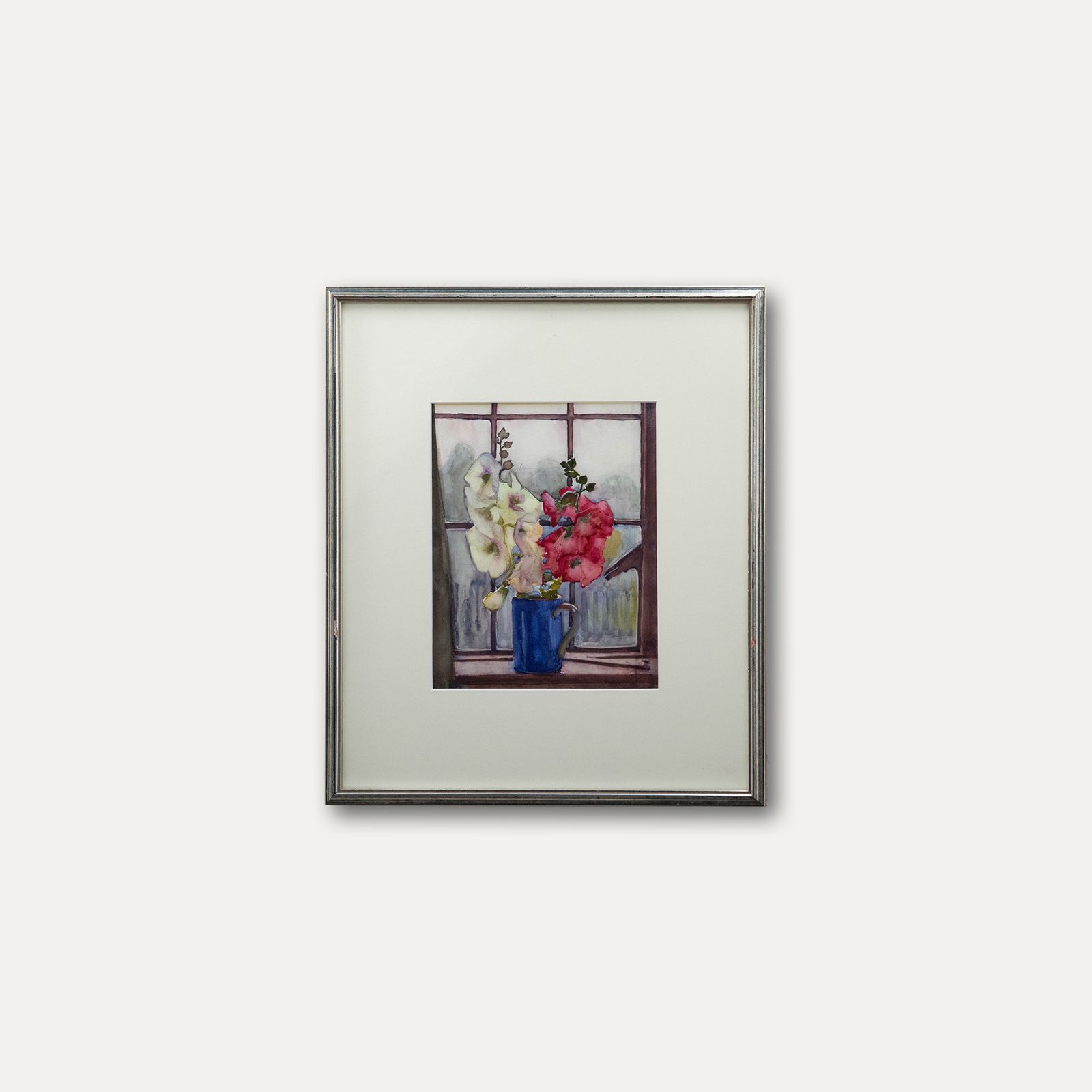 20th Century Watercolour Hollyhocks In The Window photo vinterior