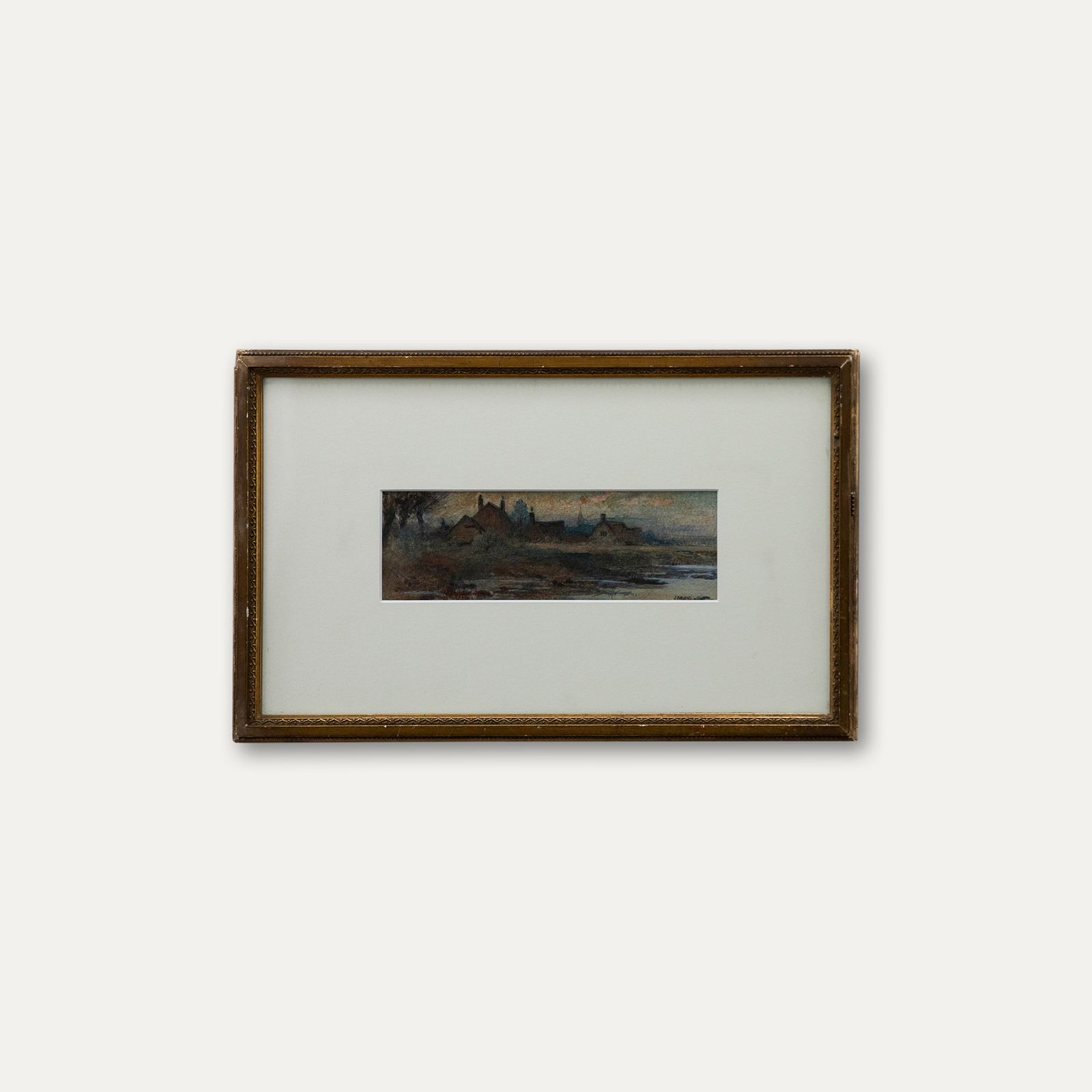 J. May Framed Early 20th Century Watercolour, River Landscape At Dusk photo vinterior