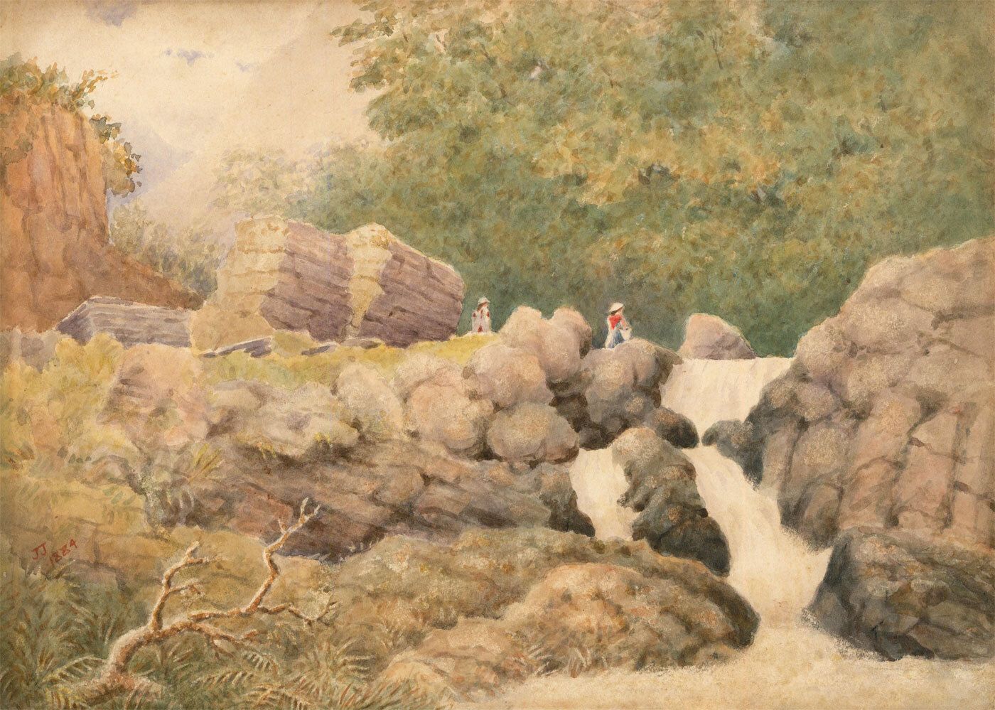 J. Jacobs 1884 Watercolour, Abergynolwyn Waterfall