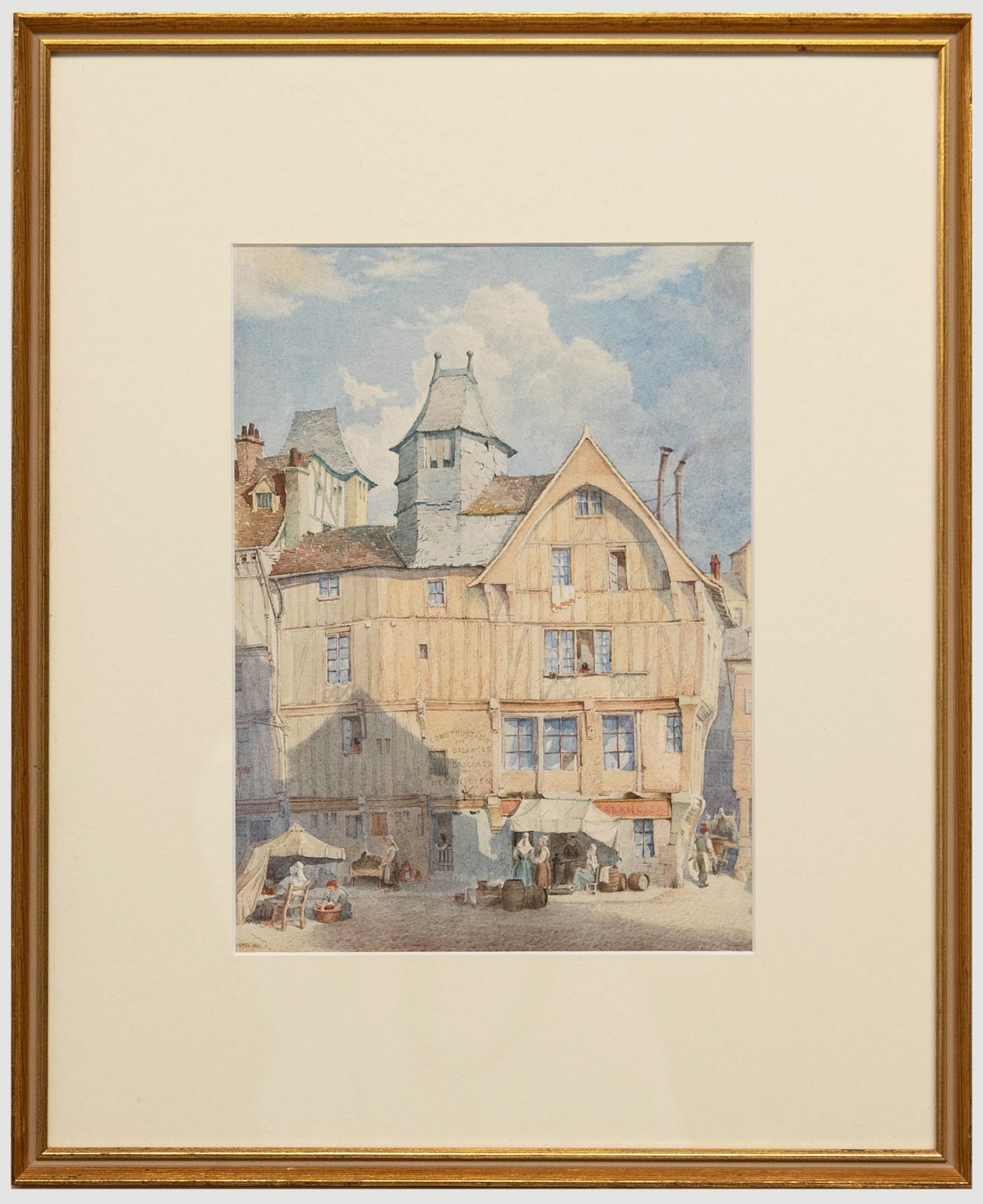 French Late 19th Century Watercolour Ambient Street With Figures