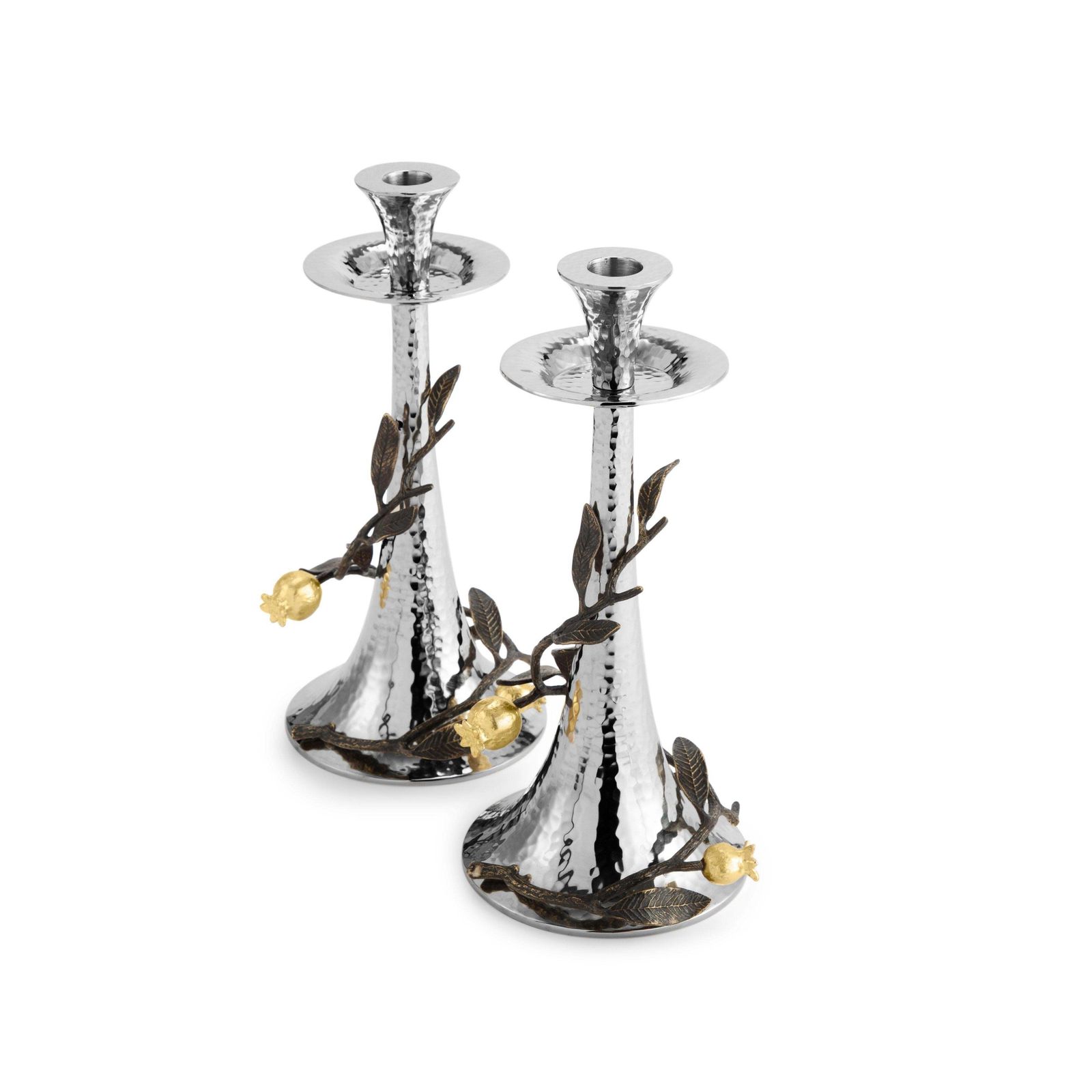 Candleholders With Pomegranate Decorations, Silver, Oxidised And Gilded Metal. photo for sale