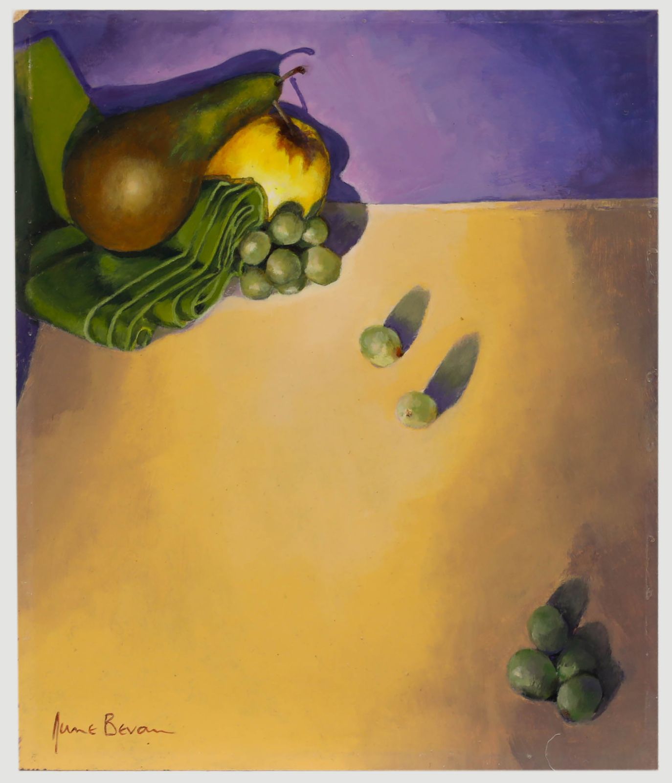 June Bevan (B.1927) 20th Century Acrylic, Pear, Golden Delicious & Grapes