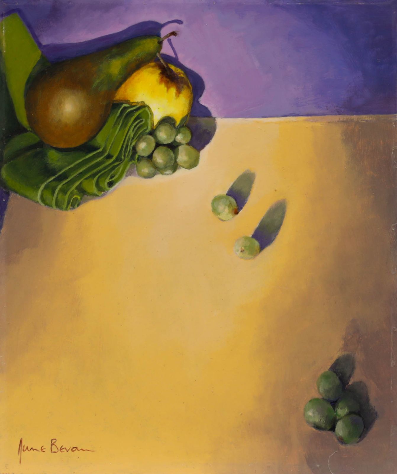 June Bevan (B.1927) 20th Century Acrylic, Pear, Golden Delicious & Grapes photo furniture