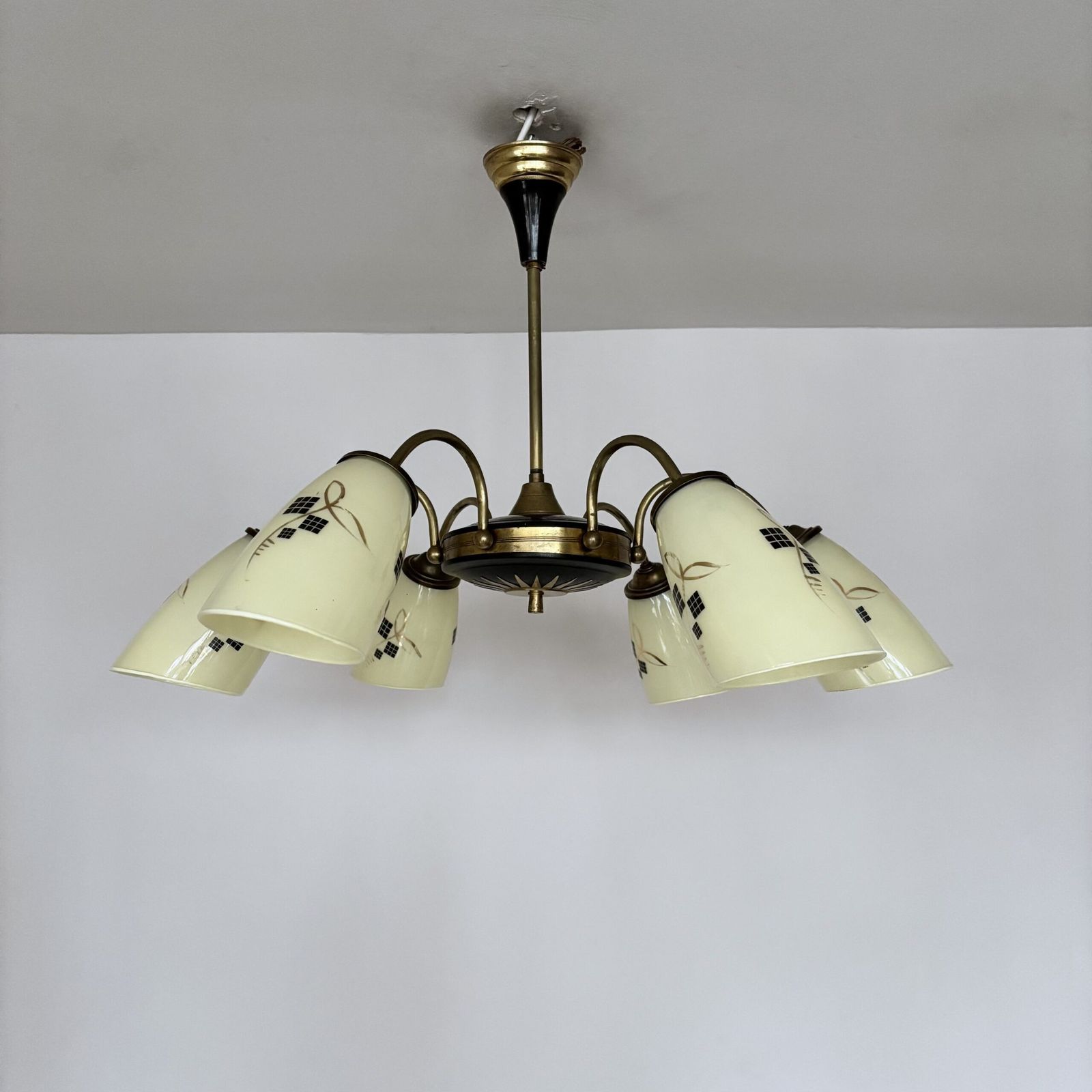 Mid Century Brass And Black Chandelier With Decorative Yellow Glass Shades