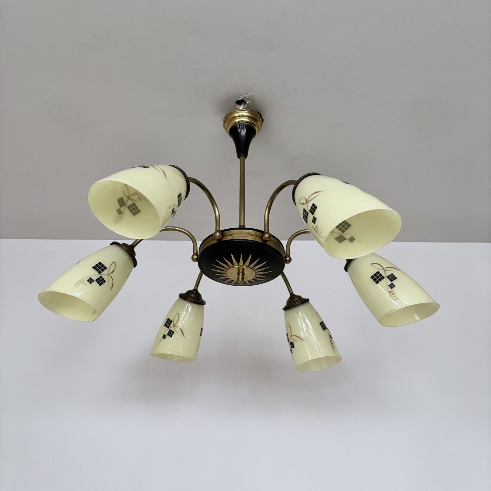 Mid Century Brass And Black Chandelier With Decorative Yellow Glass Shades photo furniture