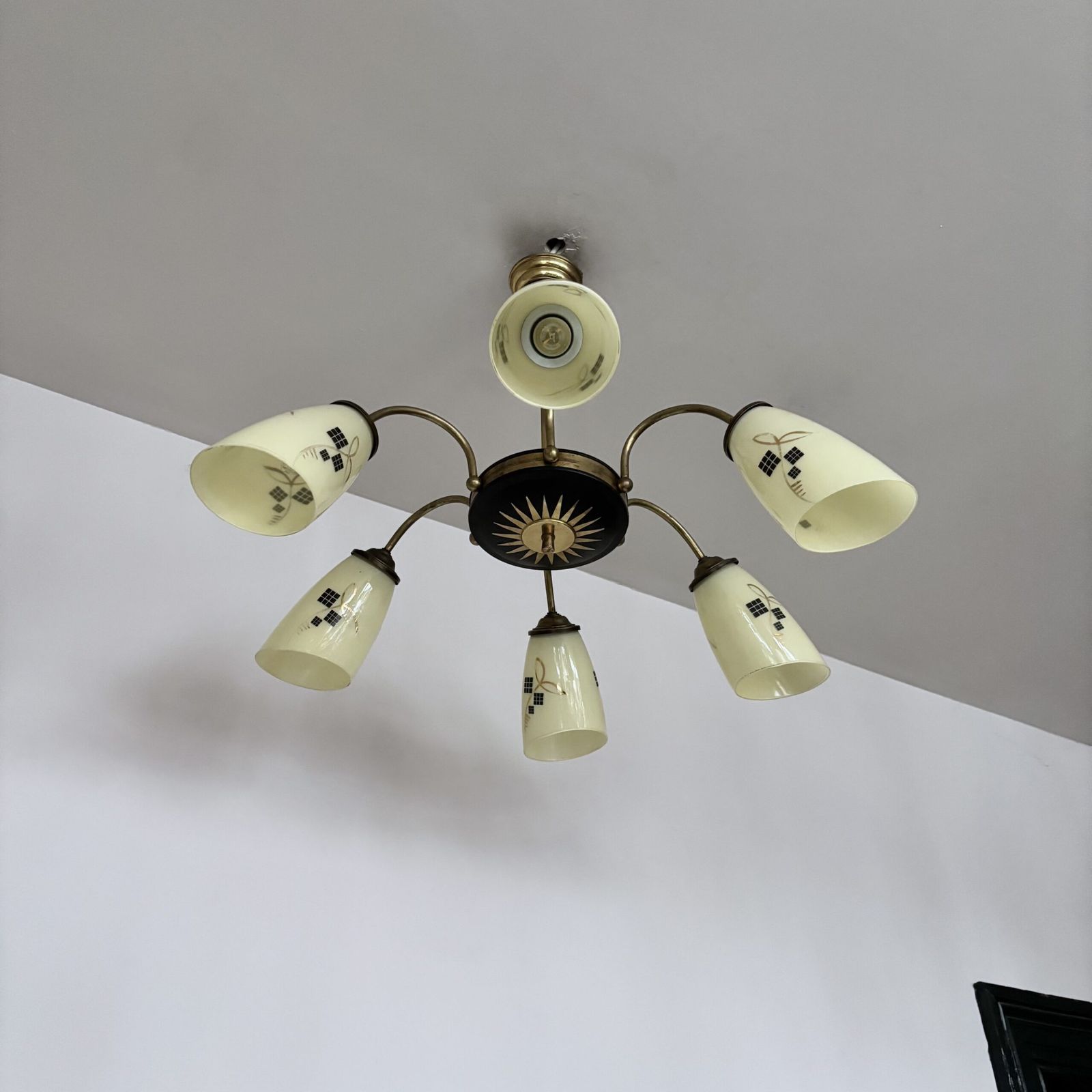Mid Century Brass And Black Chandelier With Decorative Yellow Glass Shades photo Lighting
