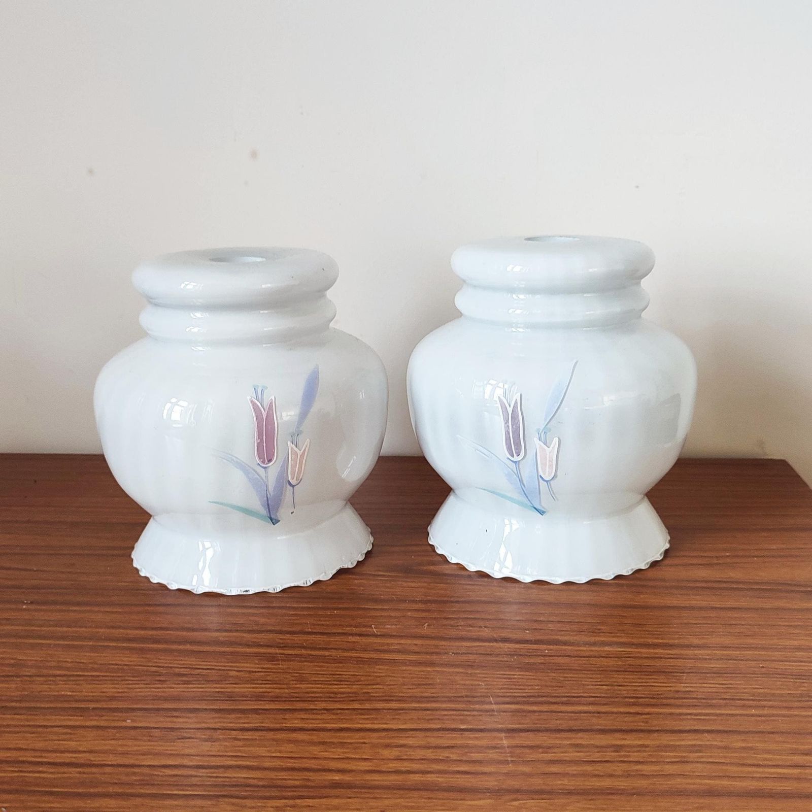 Vintage Milk Glass Pendant Ceiling Light Shades   60's Floral Pair Of Round Bell Shaped Scallop Edge Frilly Base   Blue Lilac Peach Floral photo for sale