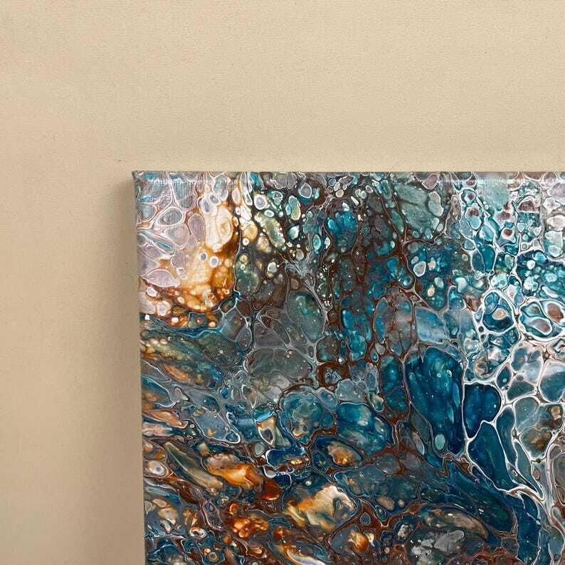 Vintage Marbled Painting Picture Original Artwork On Canvas Marble Pattern Wood Frame Painted Art Rectangle 31x22.7cm Wall Hanging Marbling photo for sale