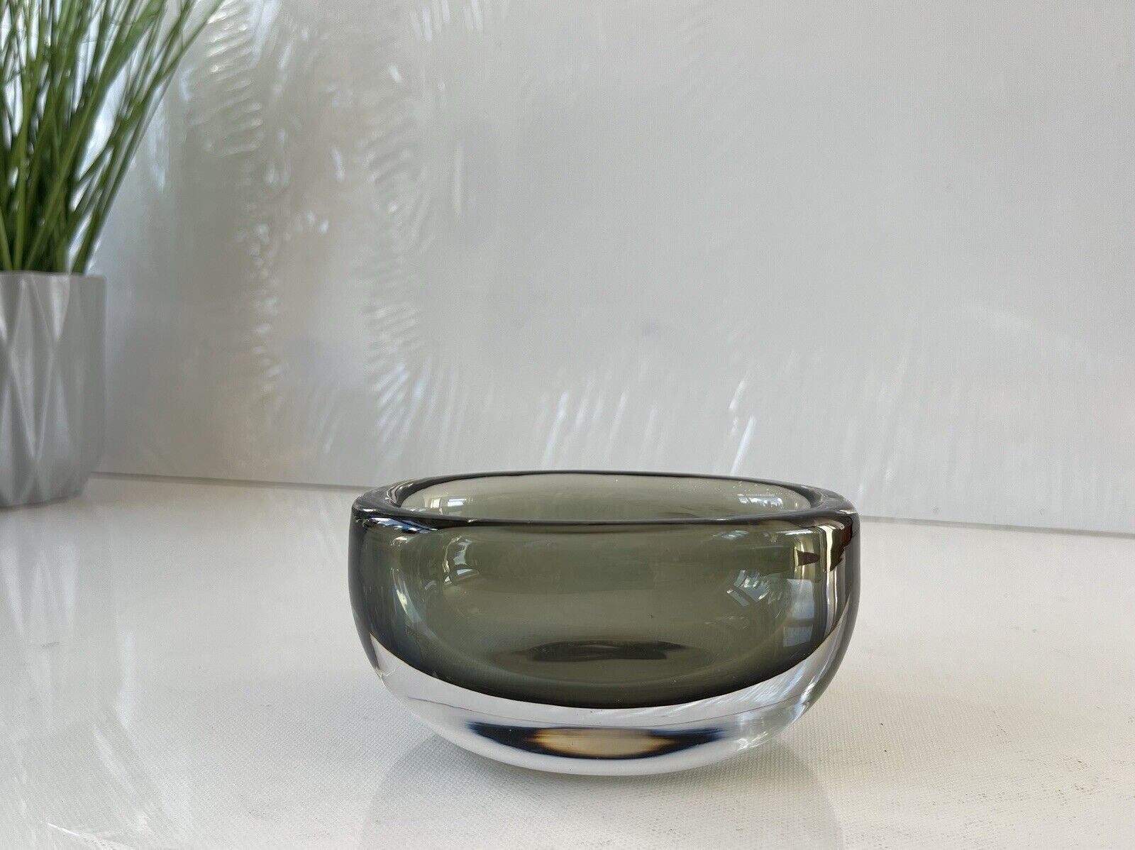 Signed 1950's Swedish Orrefors Nils Landberg Smoke Grey Glass Scandi Geode Bowl