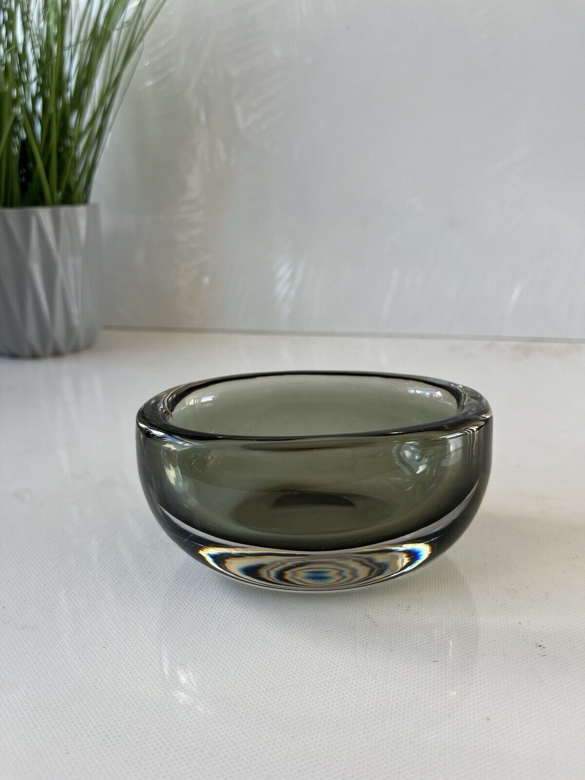 Signed 1950's Swedish Orrefors Nils Landberg Smoke Grey Glass Scandi Geode Bowl photo furniture