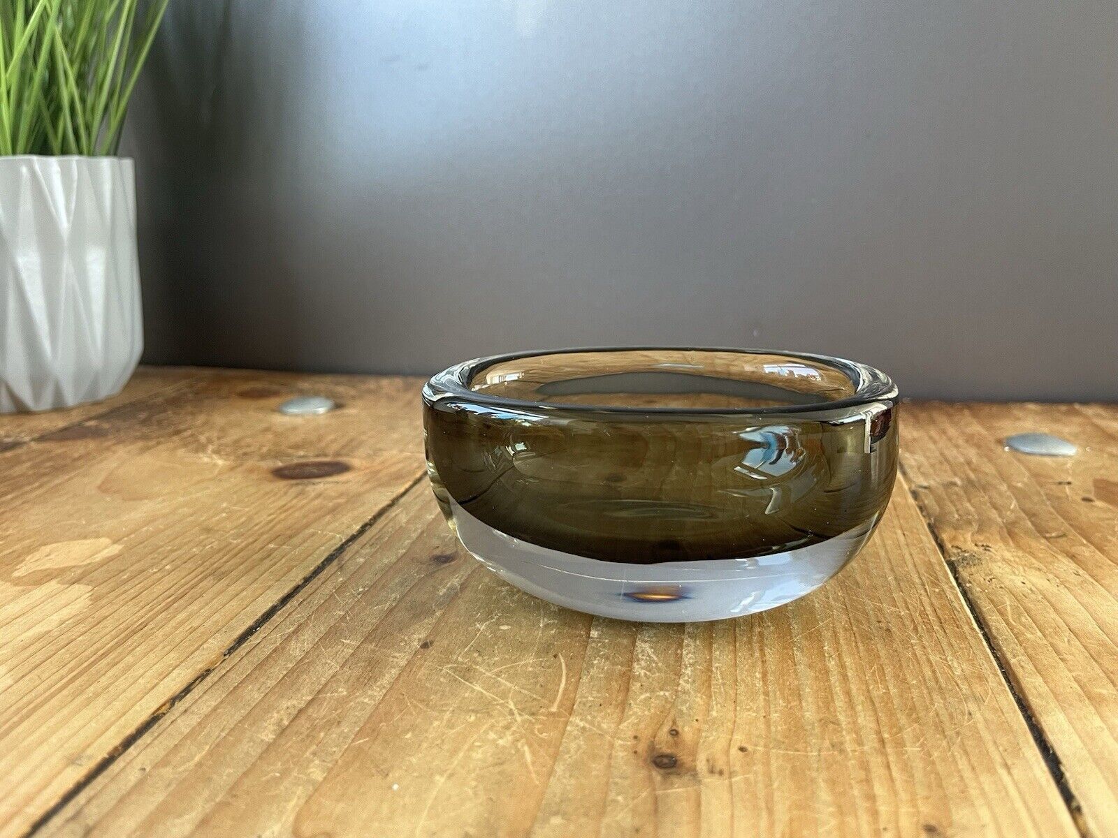 photo furniture Signed 1950's Swedish Orrefors Nils Landberg Smoke Grey Glass Scandi Geode Bowl