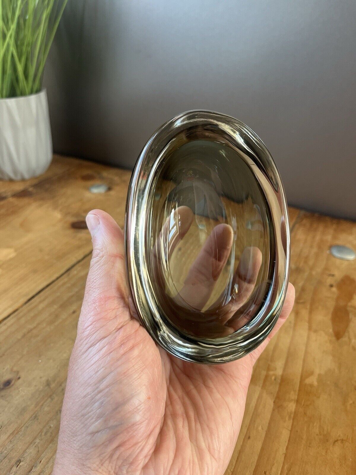 Home Decor Signed 1950's Swedish Orrefors Nils Landberg Smoke Grey Glass Scandi Geode Bowl photo